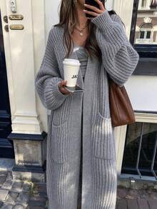 Plus Size Women's Autumn Winter Solid Color Dropped Shoulder Pocket Design Long Sleeve Loose Casual Long Cardigan Sweater - Grey - View 7