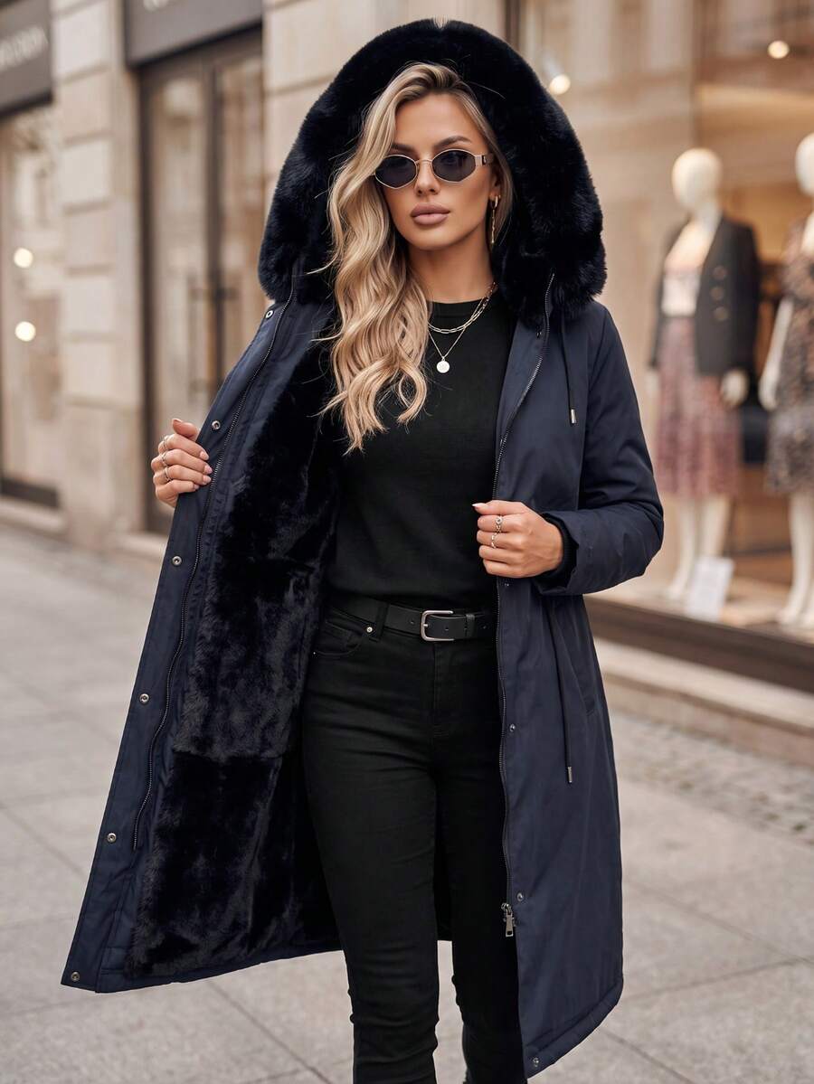 Women's Long Parka Jacket With Faux Fur Hood, Drawstring Waist, Zip And Snap Closure - Navy Blue - View 1