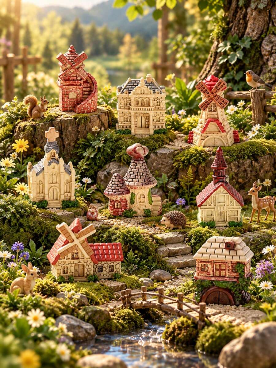 1PC European Village House Figurines, Assorted Windmill Church And Cottage Buildings For Fairy Garden, Micro Landscape, Plant Pots And Shelf Decor - Vintage Little House - View 1