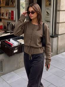 Autumn Women Brown Knit Cardigan Round Neck Button Front Drawstring Waist Long Sleeve Casual Tops Elegant Vacation Going Out Outfits For Women - Brown - View 1