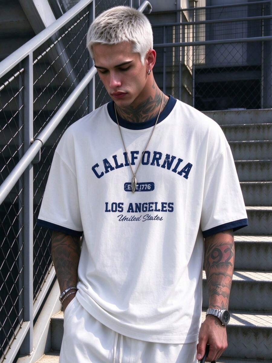 Simple Studio | Men's New Contrast Collar Edge Daily Minimalist Printed Short Sleeve T-Shirt | Comfortable & Breathable | Style - White - View 1