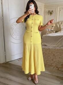 Unadoll Women Fall Yellow Textured Midi Dress, Short Sleeve Round Neck Faux‑Button Mermaid Dress, Chic For Back To School, Party & Daily Commute Wear - Yellow - View 10