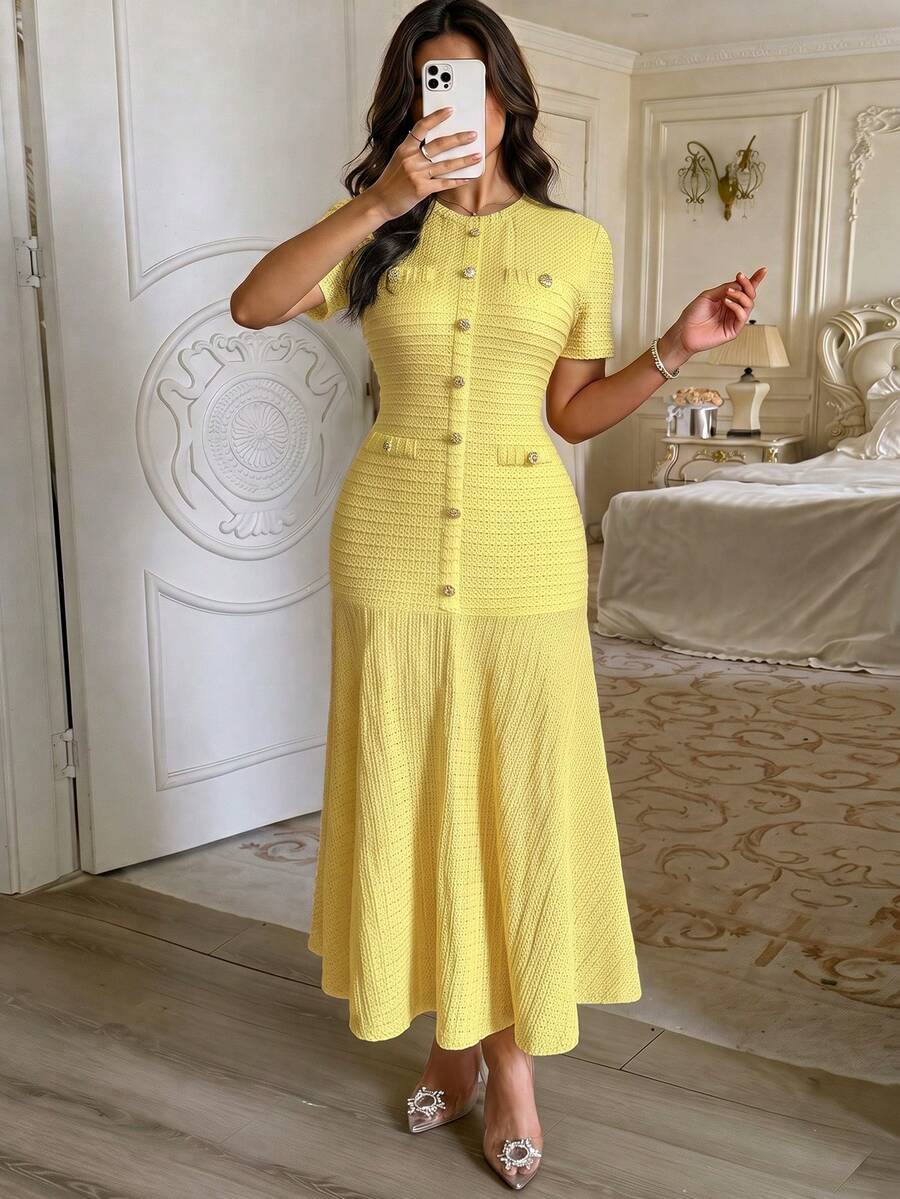 Unadoll Women Fall Yellow Textured Midi Dress, Short Sleeve Round Neck Faux‑Button Mermaid Dress, Chic For Back To School, Party & Daily Commute Wear