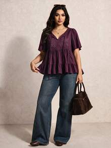 Rusttydustty Plus Size Bohemian Style Red-Purple Lace Embroidered V-Neck Loose Ruffle Sleeve Women's Vacation Blouse, Suitable For Autumn/Winter, Halloween Outfit - Red Violet - View 3