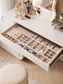 CASEGRACE 1pc Velvet Jewelry Drawer Organizer Tray, Stackable Storage Box With Ring Slots And 6 Compartments, Detachable Necklace & Earring Holder, Vanity Jewelry Organizer - Beige - View 6