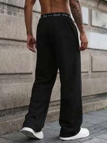 Men's High Street Style Letter Waistband Solid Color Wide Leg Sweatpants, Minimalist All-Match Loose Straight Leg Versatile Draped Joggers In Heather Grey - Black - View 10