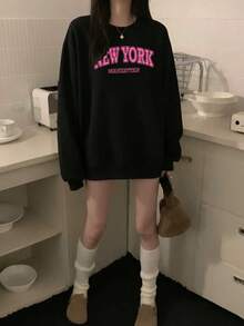 Minimalist Large Letter NEW YORK Print Loose Crew Neck Sweatshirt, Black Slimming Everyday Versatile Autumn/Winter Layering Sweatshirt - Black - View 10