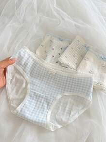 Mystèrelle 5pcs/Set Japanese Style Cute Blue Plaid & Floral Cotton Thin Women's Triangle Panties - Multicolor - View 2