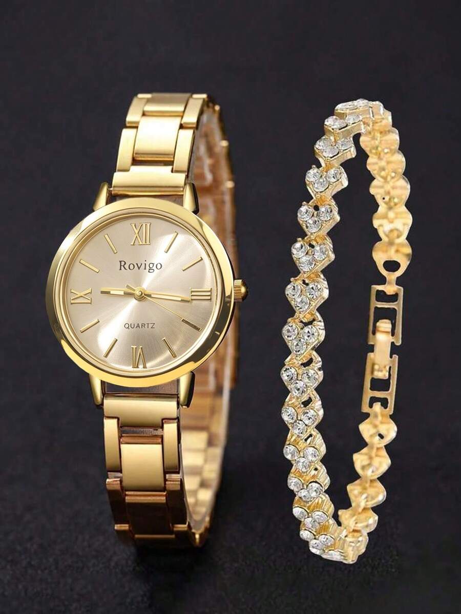 2PCS/1PC-Watch Optional Women's Gold Stainless Steel Strap Wristwatch Set, Classic Vintage Style, Roman Numeral Dial Minimalist Elegant, Paired With Hollow Heart Gold Women's Bracelet, Elegant Luxury Hand Accessory, Luxury Women's Gift, Suitable For Graduation Anniversary Gift, Exquisite Elegant Women's Accessory Set. - Gold - View 1