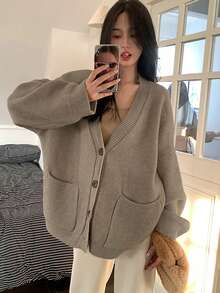 Women's Solid Color Pocket Casual Loose Knit Cardigan Sweater, Autumn/Winter Fall - Apricot - View 1