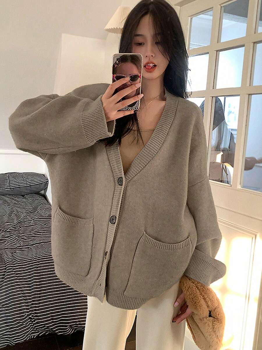 Women's Solid Color Pocket Casual Loose Knit Cardigan Sweater, Autumn/Winter Fall - Apricot - View 1