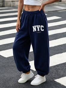 Women's Casual Loose Fit NYC Letter Print Gray Joggers, Fall And Winter Pants - Navy Blue - View 1