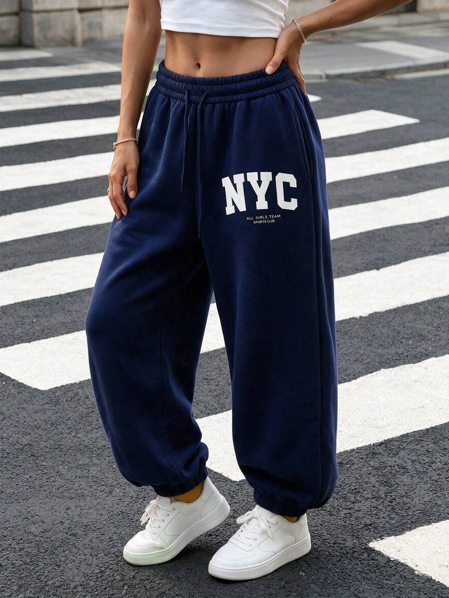 Women's Casual Loose Fit NYC Letter Print Gray Joggers, Fall And Winter Pants - Navy Blue - View 1