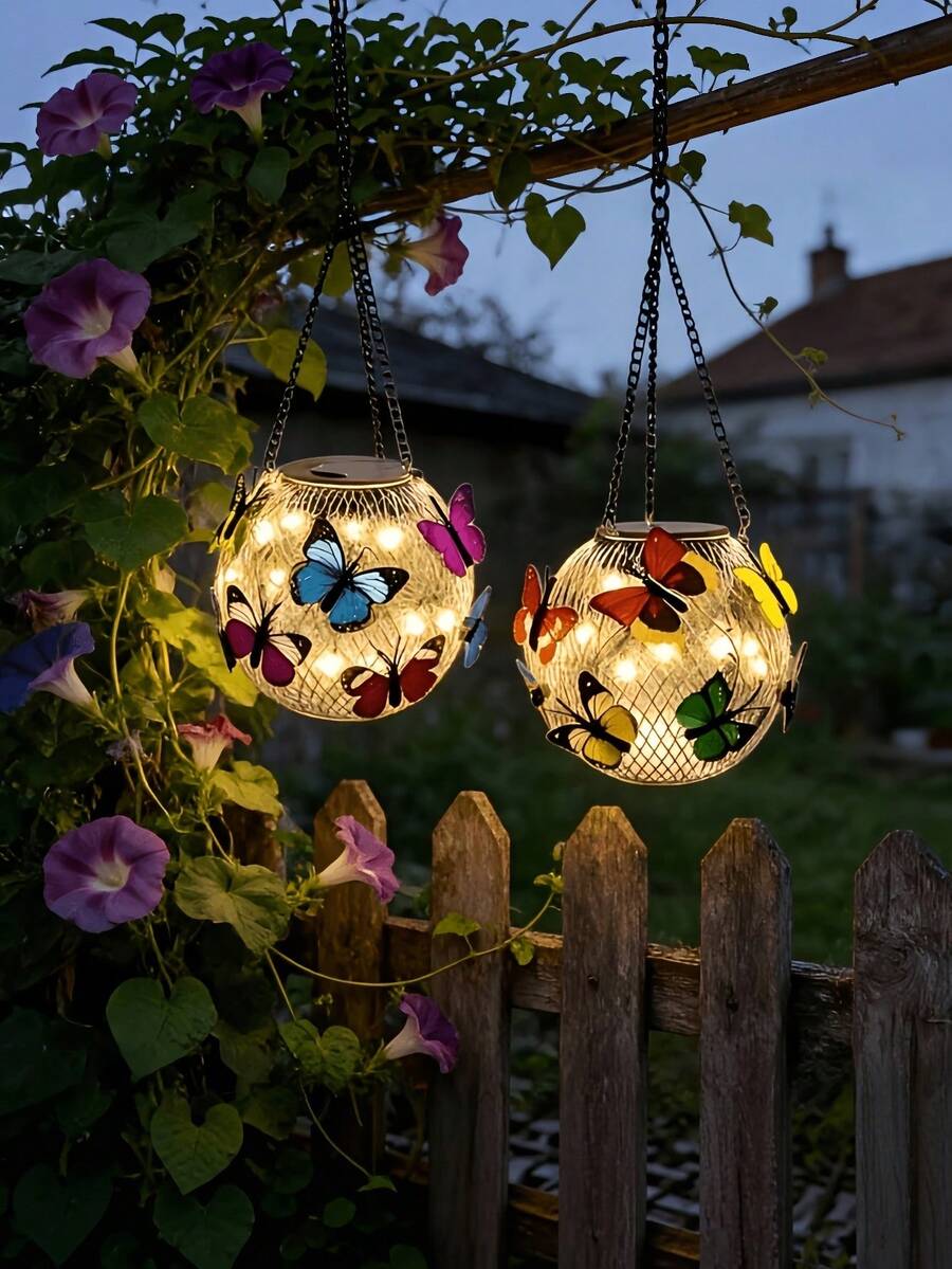 Glass Solar Hanging Light, Colorful Butterfly Decorative Lamp, Waterproof Auto On/Off LED Fairy Light, Outdoor Patio Garden Porch Hanging Decor, Christmas Halloween Party Yard Landscape Decoration - Round - View 1