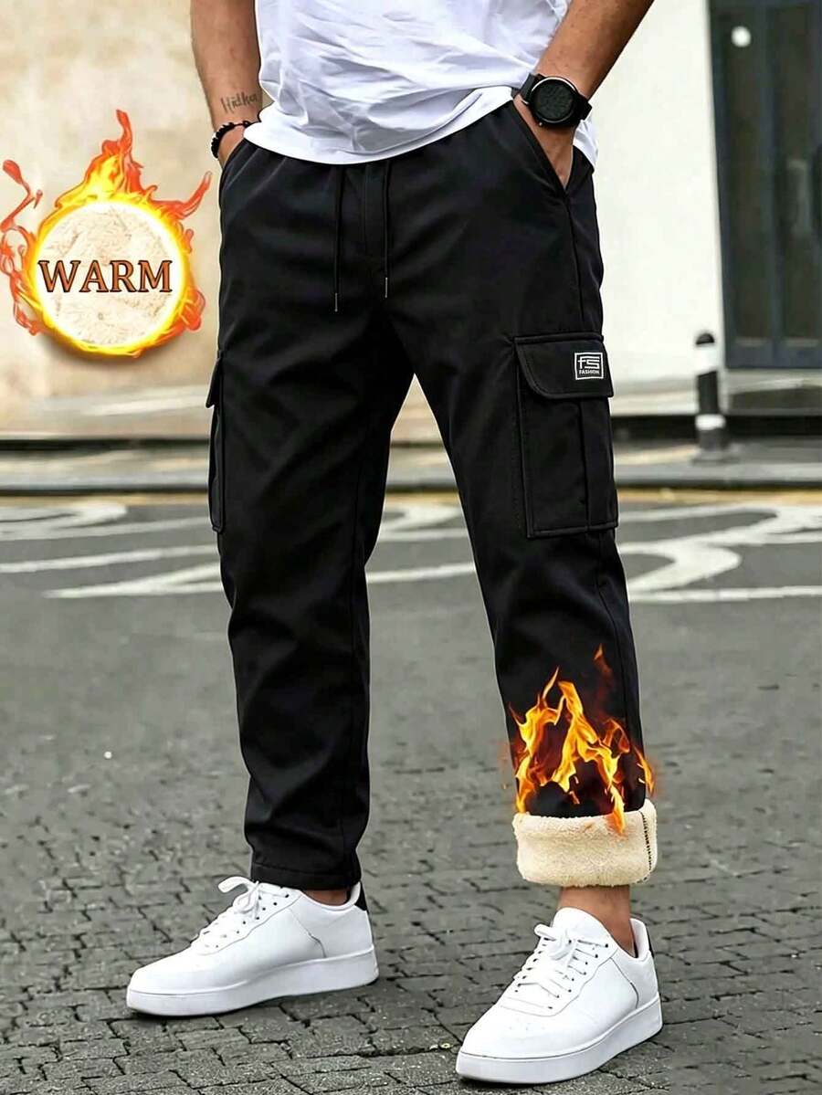 Men's Wool Lined Cargo Jogger Pants, Multi-Pocket Elastic Waist Drawstring Pants, Casual Outdoor Pants, Suitable For Winter Use - Black - View 1