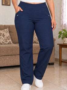 Pantalón casual de vestir para mujer curvy plus size talla extra grande cintura alta corte semirecto al tobillo tela elástica y bolsillos laterales ajuste favorecedor estilo casual elegante - Marino Liso - Ver 1