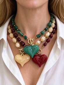 1/3pcs Chunky Heart Necklace, Vintage Multicolor Exaggerated Style, OT Clasp Women's Jewelry Gift - Multicolor - View 1