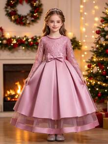 Girls Long Waist-Cinching Formal Dress, Multi-Layer Flower Girl Gown, Princess Dress For Wedding, Graduation Ceremony, All Seasons - Pink - View 2