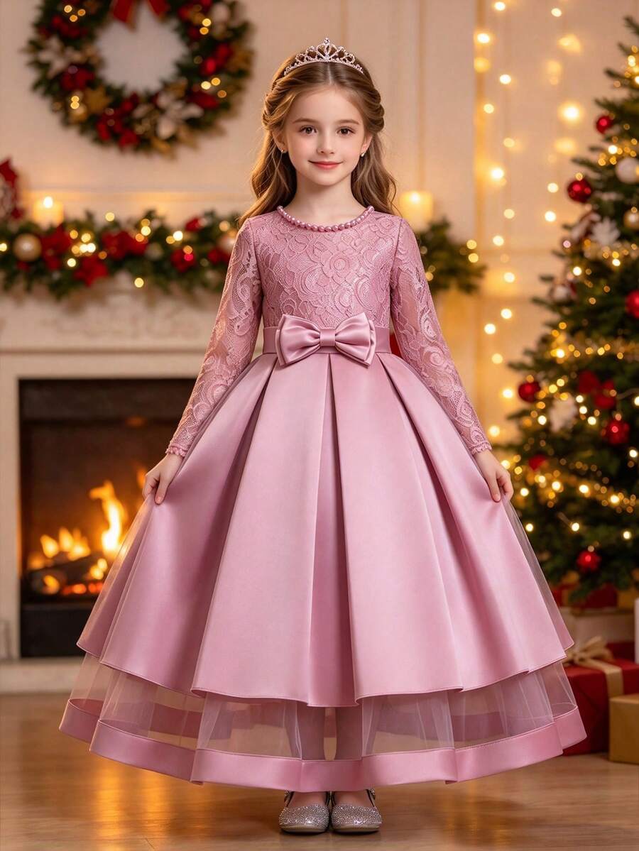 Girls Long Waist-Cinching Formal Dress, Multi-Layer Flower Girl Gown, Princess Dress For Wedding, Graduation Ceremony, All Seasons