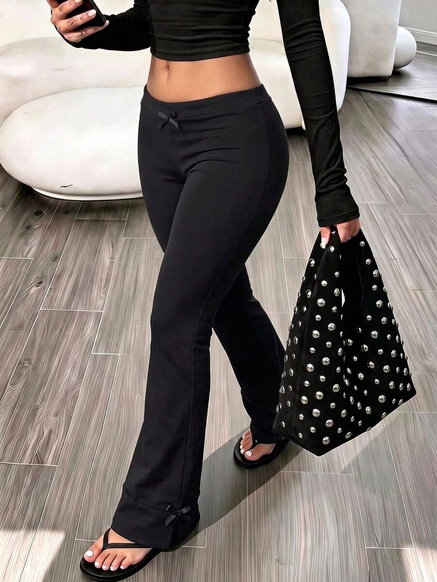 Casual Fashion Waist Cross Bowknot Decor Flared Hem Flared Pants, Pants Autumn Outfit For Women, Suitable For Daily Commute, Solid Color - Black - View 1