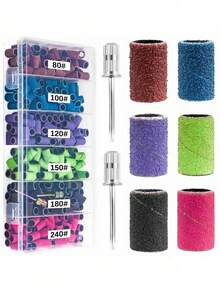 300pcs Nail File Strips, Suitable For Nail Grinder, Multiple Grit Sizes (#80, #100, #120, #150, #180, #240), Mixed Colors, Includes 2 Grinding Heads, Portable Storage Box, Nail Care Supplies - Multicolor - View 1
