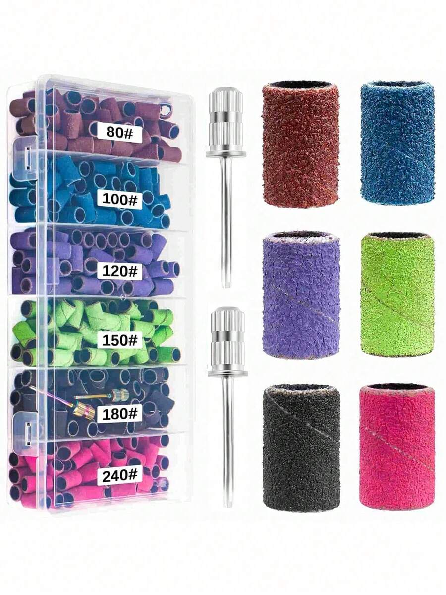 300pcs Nail File Strips, Suitable For Nail Grinder, Multiple Grit Sizes (#80, #100, #120, #150, #180, #240), Mixed Colors, Includes 2 Grinding Heads, Portable Storage Box, Nail Care Supplies - Multicolor - View 1