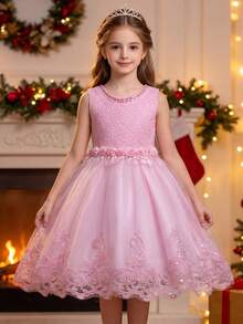 Tween Girl Lace Trim Bow Decor Sheer Dress Formal Wedding Graduation Party Princess Dress - Pink - View 2