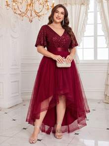 XUCTHHC Plus Size Elegant Party V-Neck Ruffle Sleeve Sequin High-Low Hem Mesh Skirt Formal Ball Gown, Wedding Guest, Cocktail Party, Holiday, Autumn/Winter - Burgundy - View 2