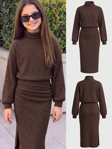 Tween Girl Solid Color High Neck Dropped Shoulder Long Sleeve Ruched Casual Dress - Brown - View 2