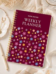1pc Non-Dated Weekly Planner, Floral Cover Weekly & Monthly Schedule Book With Gold Twin-Wire Binding For Goals, Work & Study, Office Desk Accessories, Bible Study Materials, Christmas Gifts - Rectangle - View 9