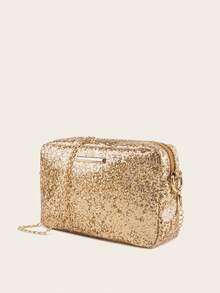 1pc Women's Sequin Glitter Gold Square Bag, Evening Party Metal Chain Crossbody Bag, Fashion Mini Shoulder Bag - M925 - View 4