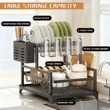 1pc Large Capacity Single-Tier Dish Drying Rack With Compact Utensil Holder And Drainage Spout, Suitable For Kitchen Countertop, Kitchen Storage And Organization Accessory - Black - View 3