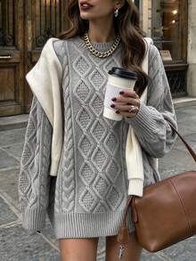 Women's Autumn/Winter Round Neck Solid Color Cable Knit Loose Fit Versatile Pullover Sweater - Grey - View 1