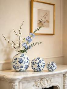 Blue And White Porcelain Ceramic Vase, Round Ball Shaped Decorative Flower Vase For Home Tabletop Decor - 1PC - View 9