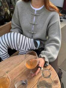 Women's Fashion Versatile Casual Solid Color Button Long Sleeve Daily Cardigan Sweater - Grey - View 3