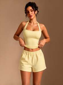 XLLAIS Sexy Backless Camisole, Fashionable Square Neck Elastic Casual Slim Fit Summer Tank Top, Yellow Holiday - Yellow - View 8