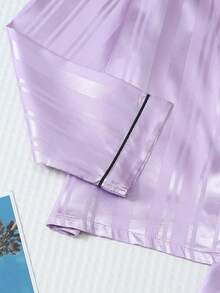 2 Pieces Satin Striped Pajama Set, Sweet & Cute Lapel Button-Up Long Sleeve Top And Pants, Women's Sleepwear And Loungewear For Home Use - Purple - View 6