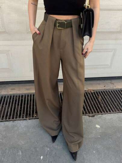 Summer Women's Tailored Wide-Leg Pants, High-Waist Design, Exposed Seams, Fashionable Style (No Belt)