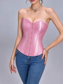 Vintage Court Style Satin Corset Top, Waist-Cinching Body-Shaping Bustier, Sexy Bust-Pushing Top, Women's Halloween Costume, Role Play, Pink Corset Top - Pink - View 8