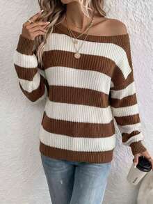 Plus Size Brown & White Striped Cold Shoulder Knit Sweater, Women's Casual Loose Long Sleeve Drop Shoulder Pullover, Autumn/Winter - Brown - View 4