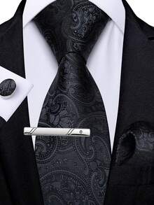 4Pcs Men Formal Suit Accessory Kit, Black Paisley Jacquard Tie, Pocket Square, Cufflinks & Tie Clip, Random Cufflink Design - Black - View 1