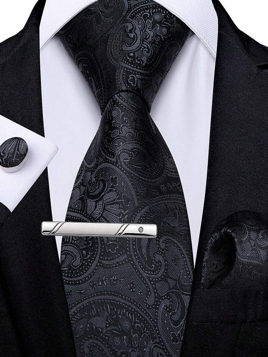 4Pcs Men Formal Suit Accessory Kit, Black Paisley Jacquard Tie, Pocket Square, Cufflinks & Tie Clip, Random Cufflink Design - Black - View 1