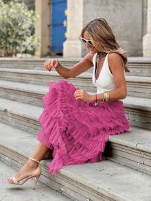 New Arrival French Style Long Skirt For Women, Elegant Solid Color High Waist Mesh Tulle Puff Skirt, Autumn Spring - Hot Pink - View 7