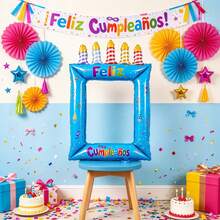 Handheld Candle Birthday Cake Photo Frame Balloon Spanish Happy Birthday Print Feliz Cumpleaños Birthday Party Anniversary Decoration - Multicolor - View 2