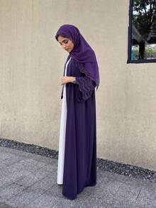 Women's Arabic Abaya Striped Embroidered Cardigan Jacket With Headscarf Spring Fall - Dark Purple - View 5