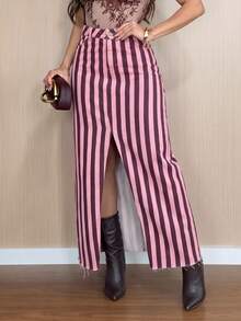 Pink Colorblock Vertical Striped Mid-High Waist Women's Denim Midi Skirt, Front Slit Frayed Hem Vintage Y2K Straight Denim Skirt, Autumn Fashion Outfit - Pink Stripes - View 1