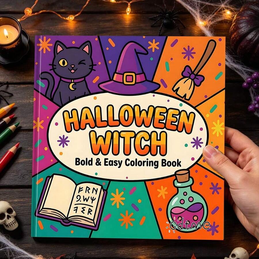GDTME Halloween Bottle Gothic Style Coloring Book: Skull Jar Pumpkin Candle Halloween Cover, Bold Minimalist Line Thriller Holiday Pages, Suitable For Adult Coloring Hobby