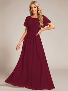 EVERPRETTY Gaun Bridesmaid Chiffon Burgundy Ukuran Plus yang Elegan, Gaun Panjang Anggun dengan Detail Kerut di Bagian Dada dan Lengan Pendek Berumbai, Cocok untuk Acara Formal - Burgundy - View 5