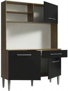 Armario de Cocina 120cm, Mueble de Almacenamiento para Cocina con Estantes Abiertos, Puertas y Cajones, Cocina Integral Completa Estilo Moderno Marrón y Negro - Marrón/Negro - Ver 2