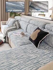 1pc Solid Color Plush Sofa Cover, Elastic Stretch Wrap, Warm & Comfortable Minimalist Ins Style, Pet-Friendly Non-Slip Elastic Band, Machine Washable, All-Season Universal Sofa Protector For Living Room, Bedroom, Study, Single/2-Seater/3-Seater/4-Seater Armrest Backrest - Blue - View 1